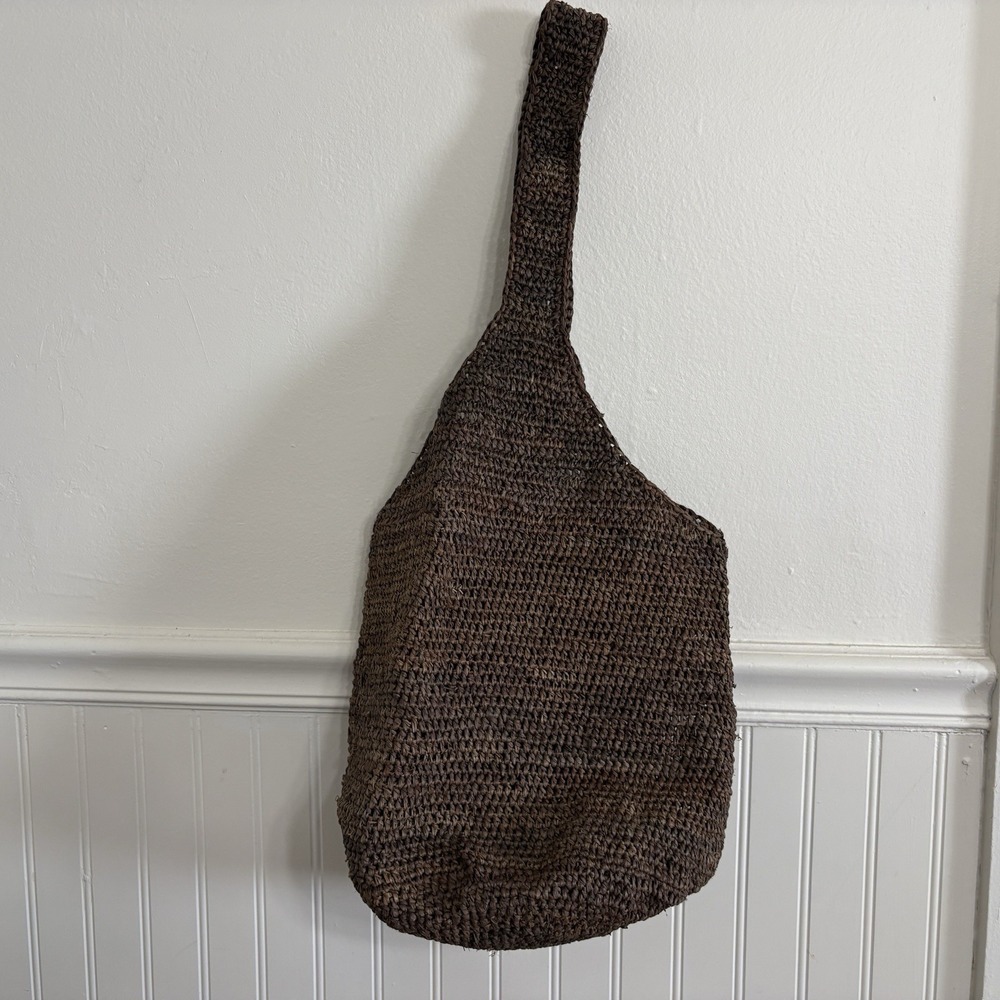 Vtg Helen Kaminski Woven Crocheted Raffia Bucket Tote Shoulder Bag Brown Large